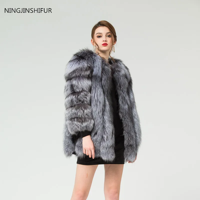 

New brand Real Silver Fox coats Vertical Long Sleeve Women Warm coats Natural Silver Fox Jacket Fox fur Warm