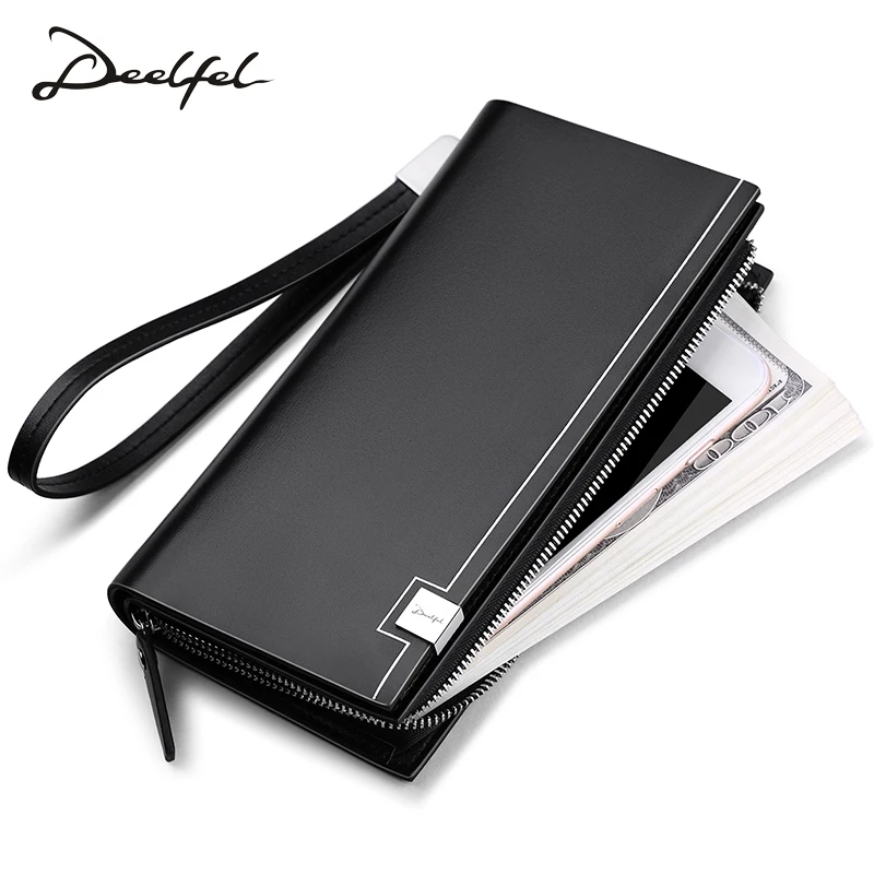 

Deelfel New Genuine Leather Men Wallets Man Famous Long Portomonee With Coin Zipper Clutch Bags Male Purses Card Holder Walet