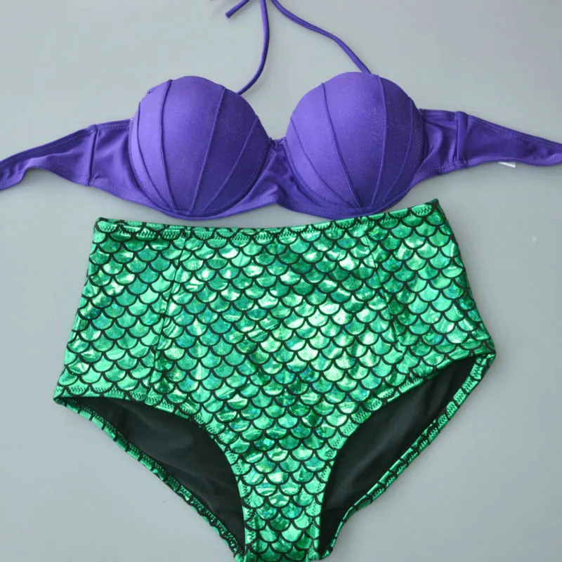 2018 NEW Popular high quality PLUS SIZE UNDERWIRE little mermaid bandage high waist bikini set gather chest swimsuit violet