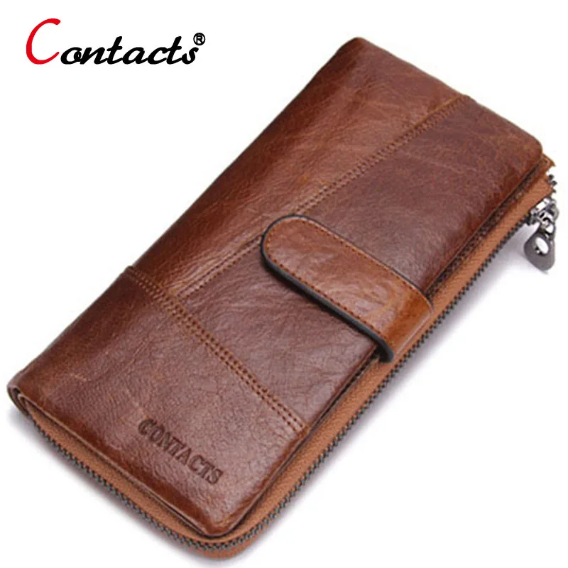 CONTACT S Men Wallet Vintage Long genuine leather Clutch Zipper Card Holder Multifunction Purses For Cents