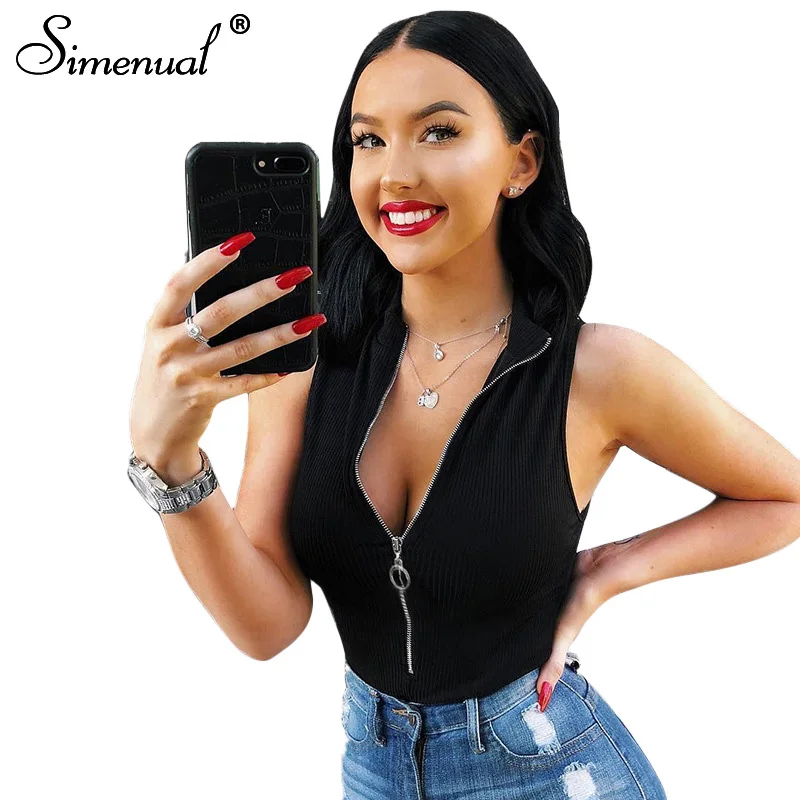 

Simenual Zipper Basic Black Bodysuit Sleeveless Casual Sexy Overalls Solid Bodycon Half Turtleneck One Piece Jumpsuits Summer