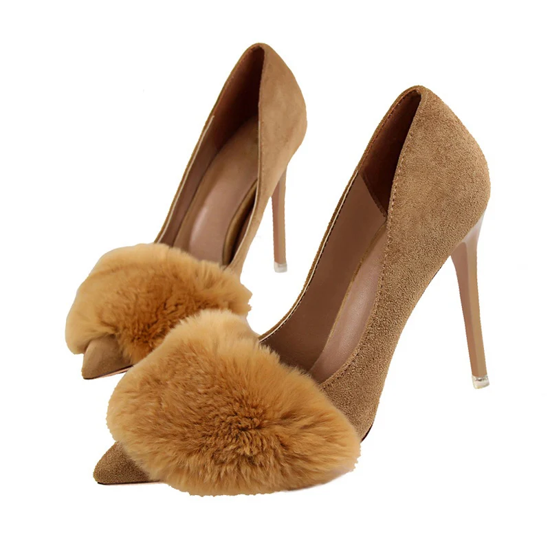 Plardin/Новинка; Женская обувь в сдержанном стиле; милые модные женские вечерние туфли из замши на меху; женские туфли-лодочки на тонком высоком каблуке - Цвет: Хаки