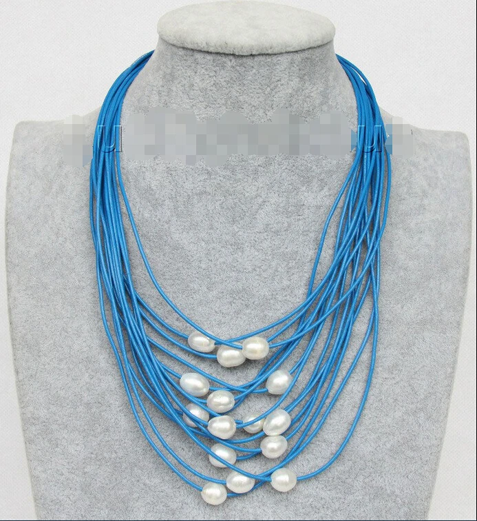 

17"-24" 13mm 15row white pearls sky blue leather necklace j9653^^^@^Noble style Natural Fine jewe FREE SHIPPING