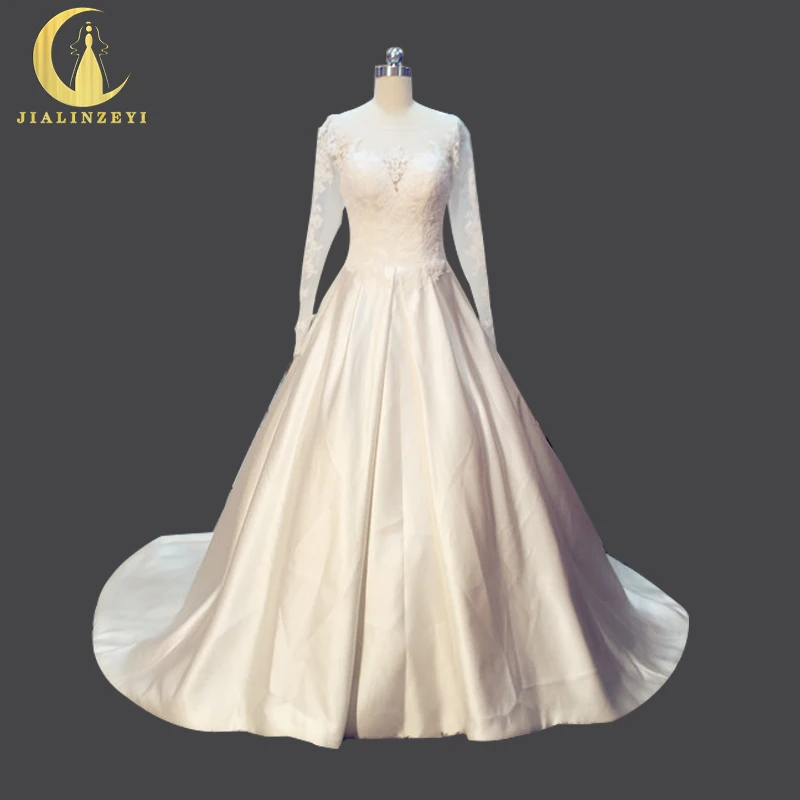 

Rhine Real Sample Image Sexy Fashion High Quality Lace Long Sleeves Boat Neck Satin wedding dresses 2017