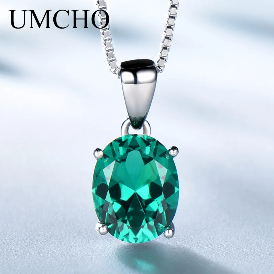UMCHO овальным вырезом Зеленый Изумруд Обручение подвески ожерелья для Для женщин Halo камень для родившихся в мае ювелирных изделий изысканные свадебные подвески