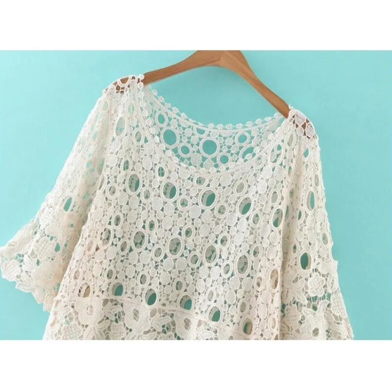 Loose Vintage Lace Ladies Blouse Crochet Summer Blouse Women Tops And Blouses 2018 Hollow Out Lace Shirt For Women Sexy Shirt Blouses