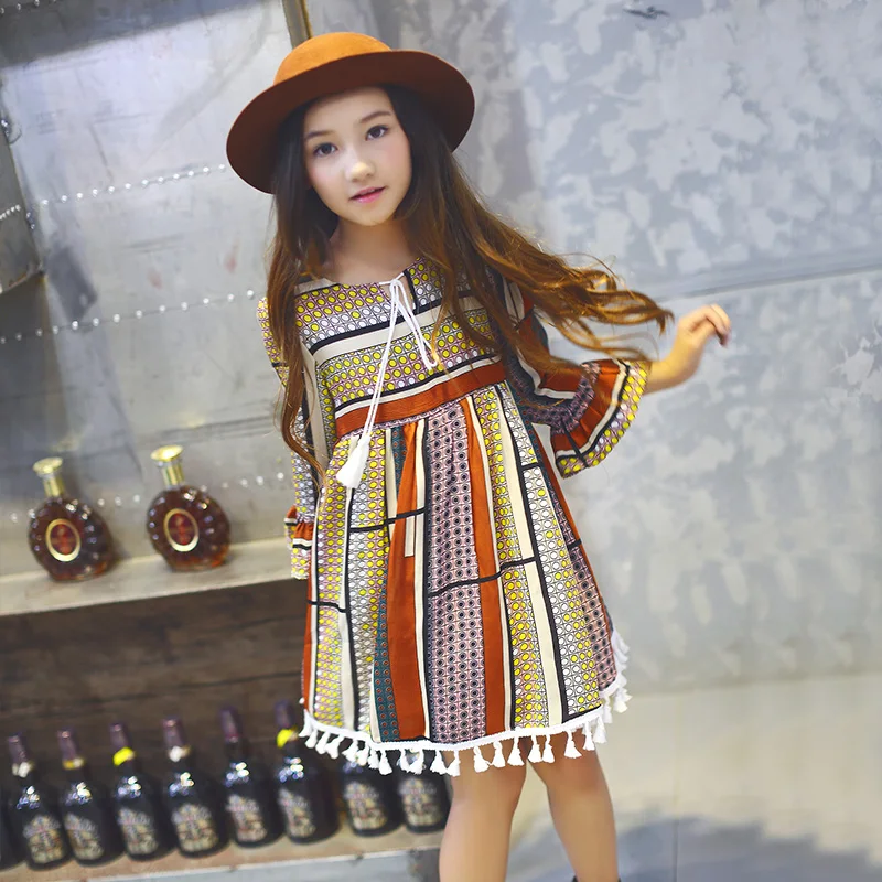 School Bohemian Fashion Teens Girls Dress Tassel Hem Party Dresses For 5 6 7 8 9
