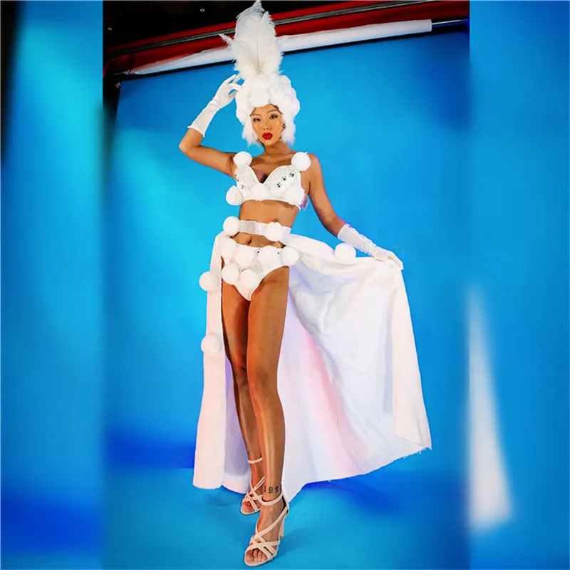 

M38 White snowball bodysuit dj Christmas feather headwear model dress outfits led bra dance costumes party wears bikini skirt ds