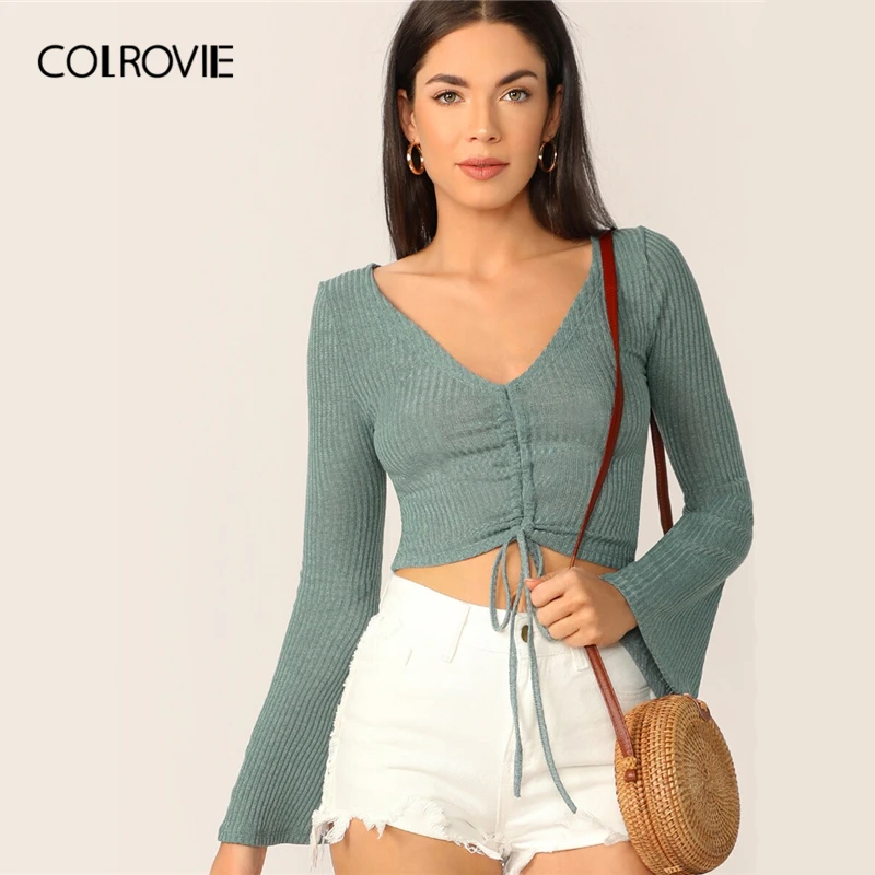 

COLROVIE Turquoise Shirred Drawstring Bell Sleeve Sexy Crop Top Women T Shirt 2019 Korean Fashion Long Sleeve Ladies Tee Shirts