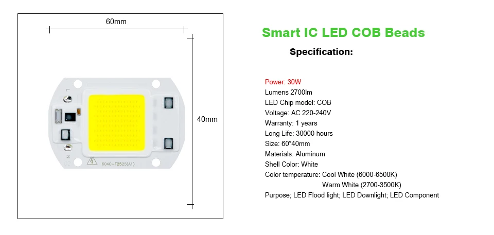 COB светодиодный чип 10 Вт, 20 Вт, 30 Вт, 50 Вт, 70 Вт, 100 Вт, чип светодиодный, 220 В, Smart IC, не нужен драйвер, лампада, светодиодный светильник, прожектор, точечный светильник, DIY, светильник