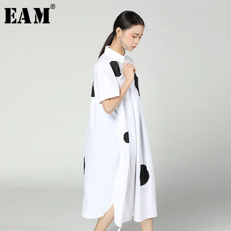 [EAM] 2018 New Summer Lapel Half Sleeve Black Irregular Hem Dot Printed Drawstring Loose Big Size Dress Women Fashion Tide JE793