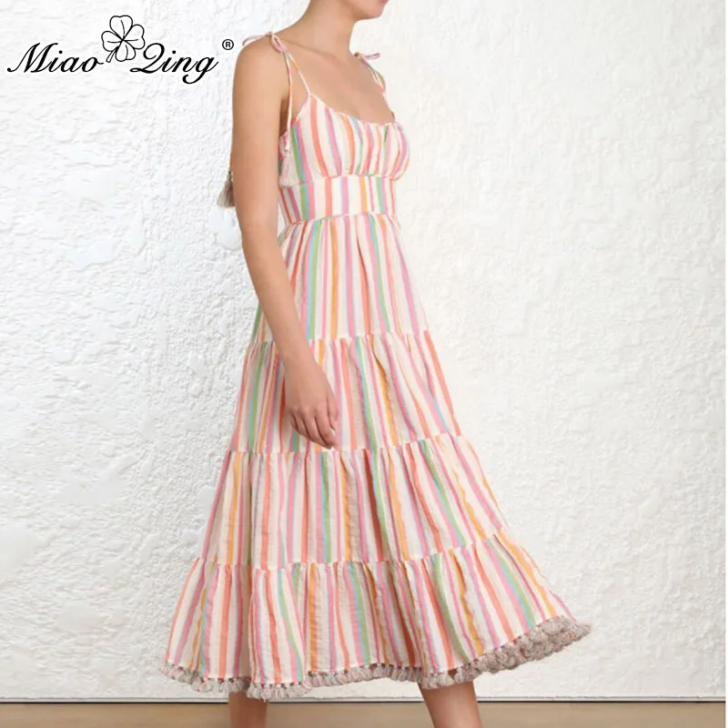

MIAOQING Casual fringed patchwork long striped dress with high waist and sleeveless strap for women