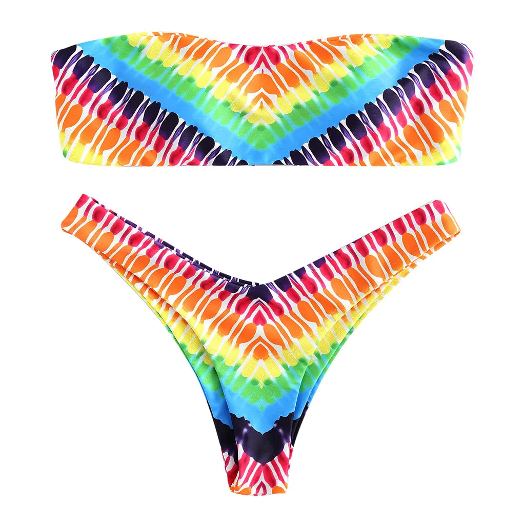 2019 Sexy Swimwear Women Digital Double Sided Printing Bikini Set Rainbow Tube Top Split