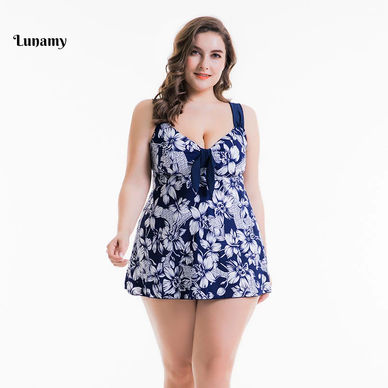 58-66/4XL-8XL размера плюс слитный купальник женский с узлом на груди бандаж цветочный принт юбка большой размер пляжное платье большой размер купальники - Цвет: R5196-Dark-Blue