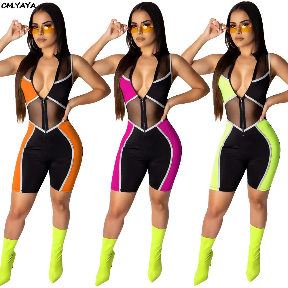 

2019 new women summer sleeveless mesh splicing skinny zipper up knee length jumpsuit moto biker romper playsuit GLCM581