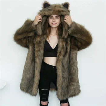 

Lanshifei T0729 Thick Fake Fur Warm Coat Wholesale Cat Ears Faux Fur Parka Winter Warm Fur Jacket China Manufacture Faux FurCoat