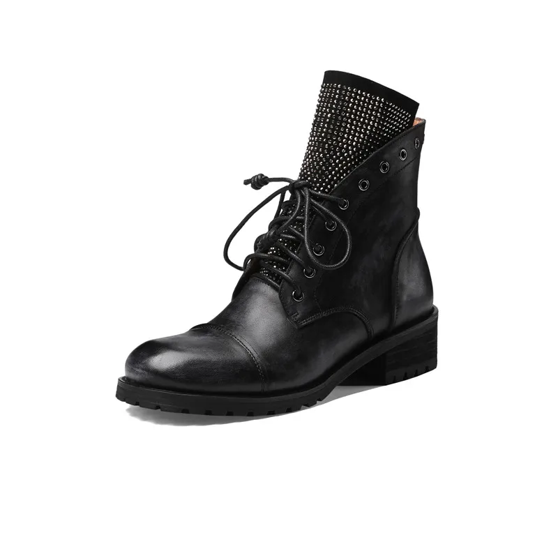 MORAZORA/; Новое поступление; ботильоны; женская обувь из натуральной кожи в стиле панк; модные мотоциклетные женские ботинки на шнуровке с заклепками; большой размер 40 - Цвет: Черный