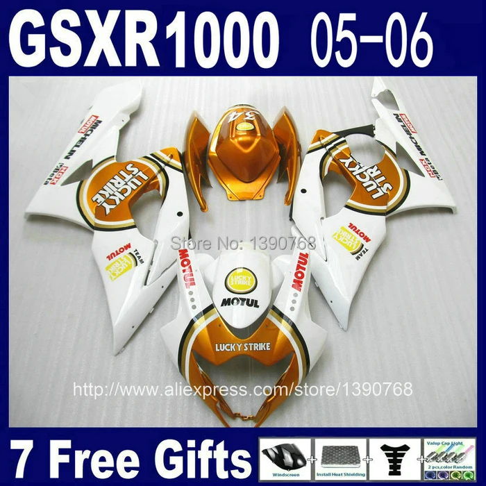 

Injection mold fairing kit for SUZUKI GSX-R1000 05 06 K5 GSXR 1000 2005 2006 golden white LUCKY STRIKE plastic fairings set NM90