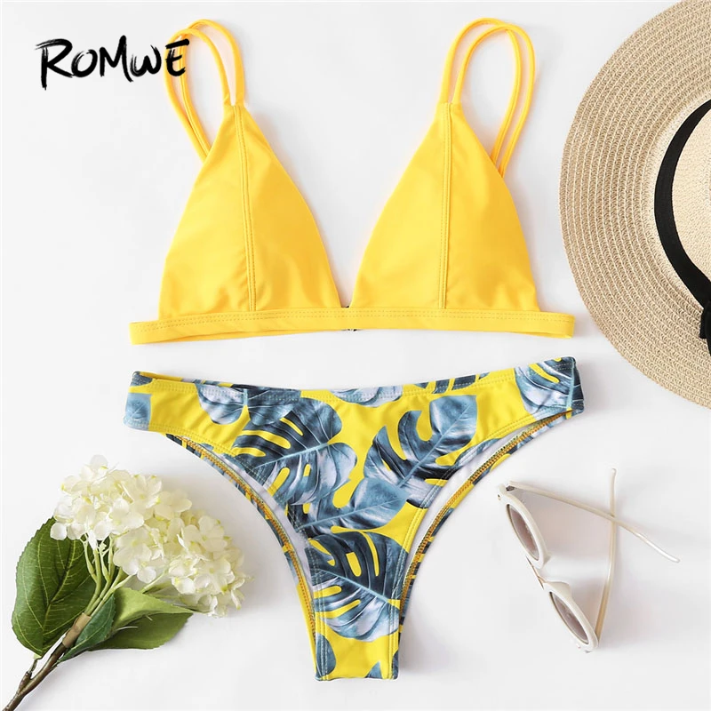 

Romwe Sport Yellow Palm Print Bikini Set Women New Tropical Swimwear With Chest Pad 2018 Summer Slim Bathing Swimsuits