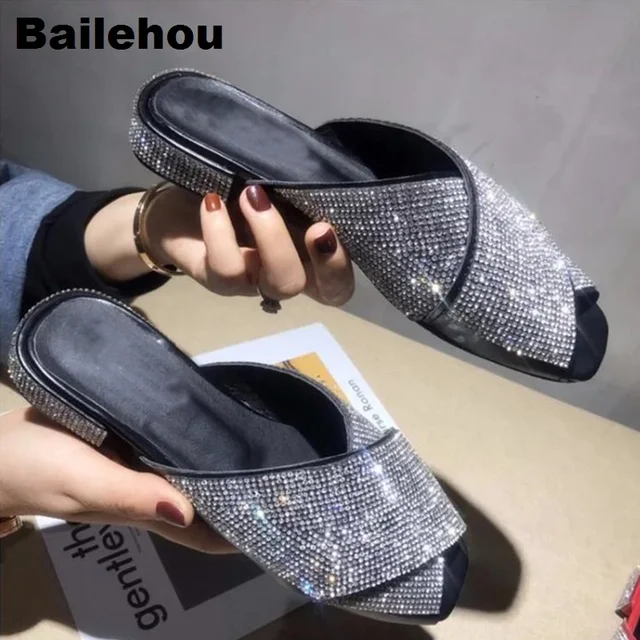 Bailehou модные женские туфли шлепанцы со стразами низкий квадратный каблук Шлёпанцы bling diamond шлепанцы Вьетнамки Сандалии Для женщин туфли на плоской подошве Свадебные