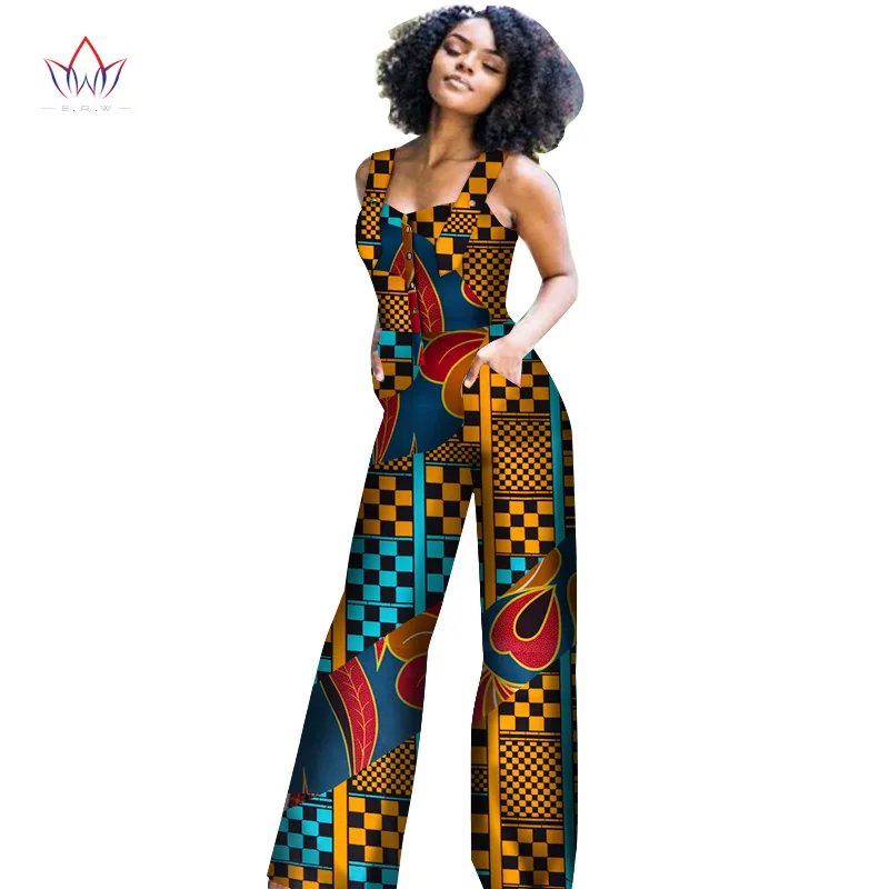 

Summer Africa Cotton Wax Print Romper African Bazin Riche Sexy Jumpsuit For Women Dashiki Hanging Neck Jumpsuit WY3172