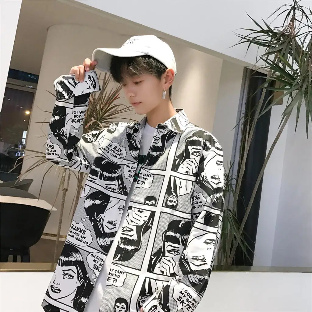 Летние новые ins уличные мужские Harajuku стиль японские комиксы рубашка с длинными рукавами мужские и женские свободные рубашки