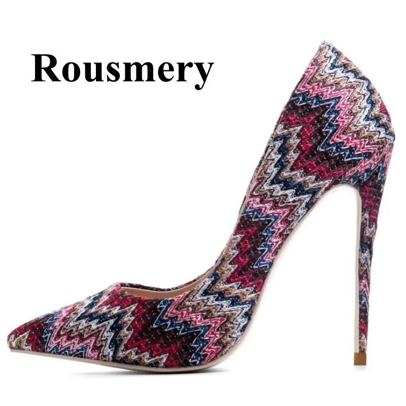 

2018 Newest INS Hottest Fashion Mixed Color Pointed Toe Supper Thin High Heel Shallow Spring And Autumn Shoes Women Pumps