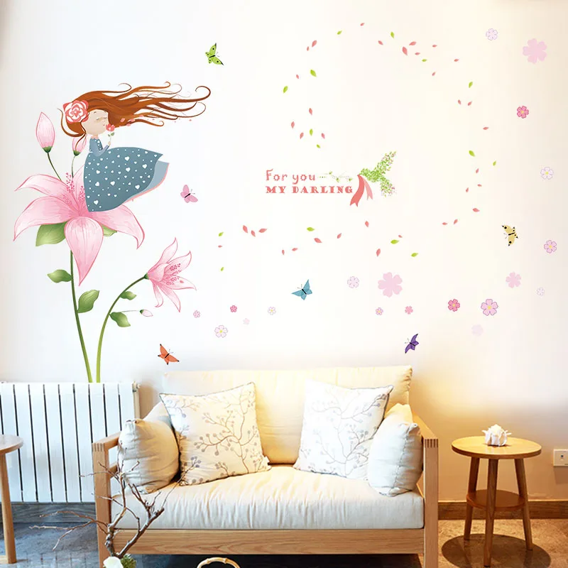 [ZOOYOO] blowing petals girl wall stickers for kids rooms nursery baby bedroom children decals