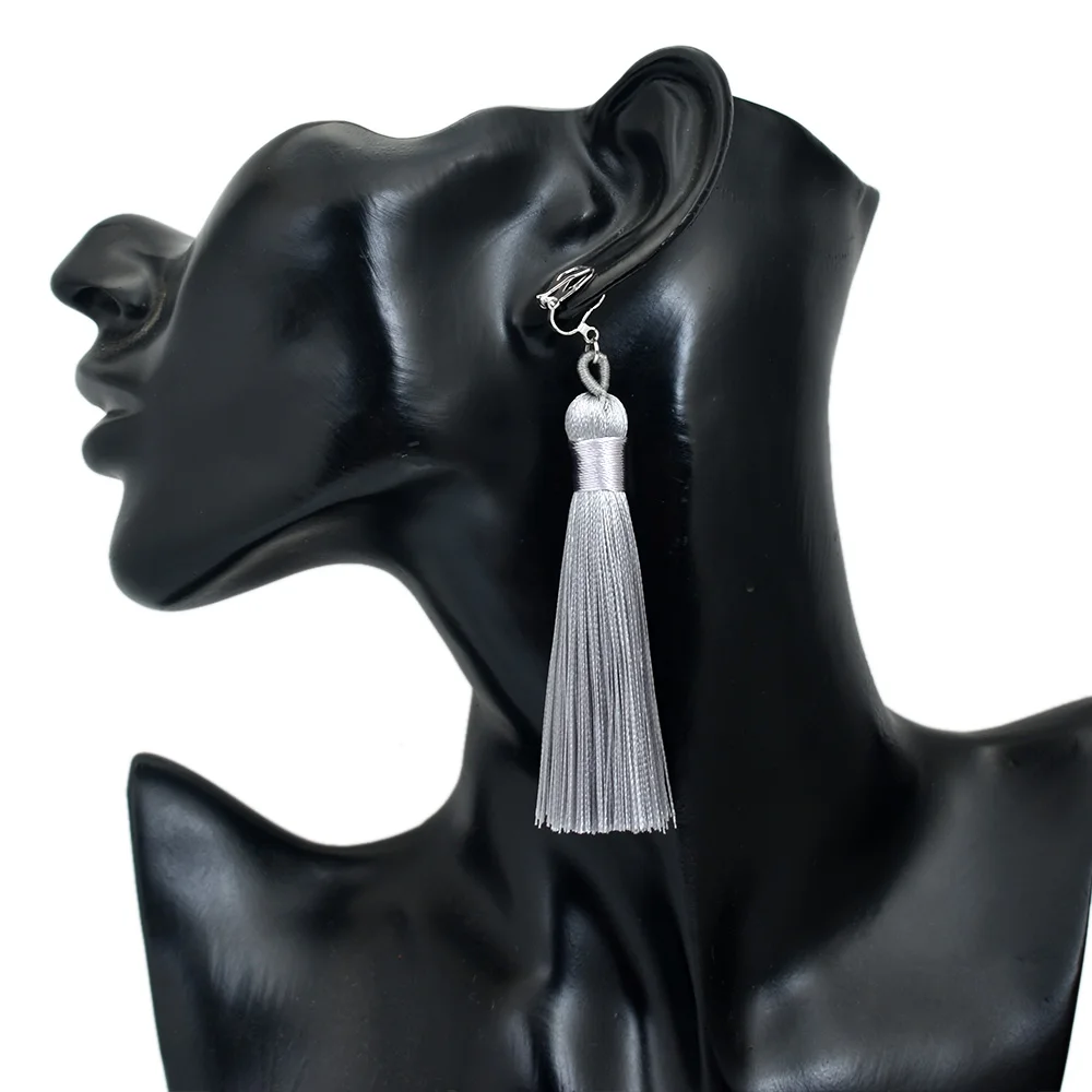Vintage Ethnic Long Tassel Earrings For Women Non Pierced Ear Clip Earing Bohemia Jewelry Black Yellow Earcuffs