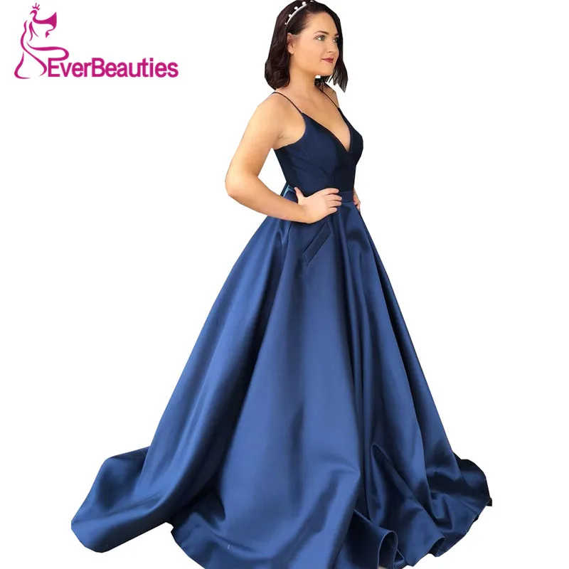 

Spaghetti Straps Evening Dress with Pockets 2019 A-Line Satin Long Formal Party Gowns Sexy Backless Abiye Gece Elbisesi
