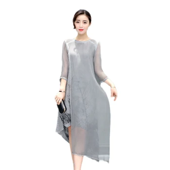 

Autumn Women Elegant Cotton Linen Print Irregular A-Line Dress Female O-Neck Three-quarter Sleeve Plus Size 5XL Dresses O316