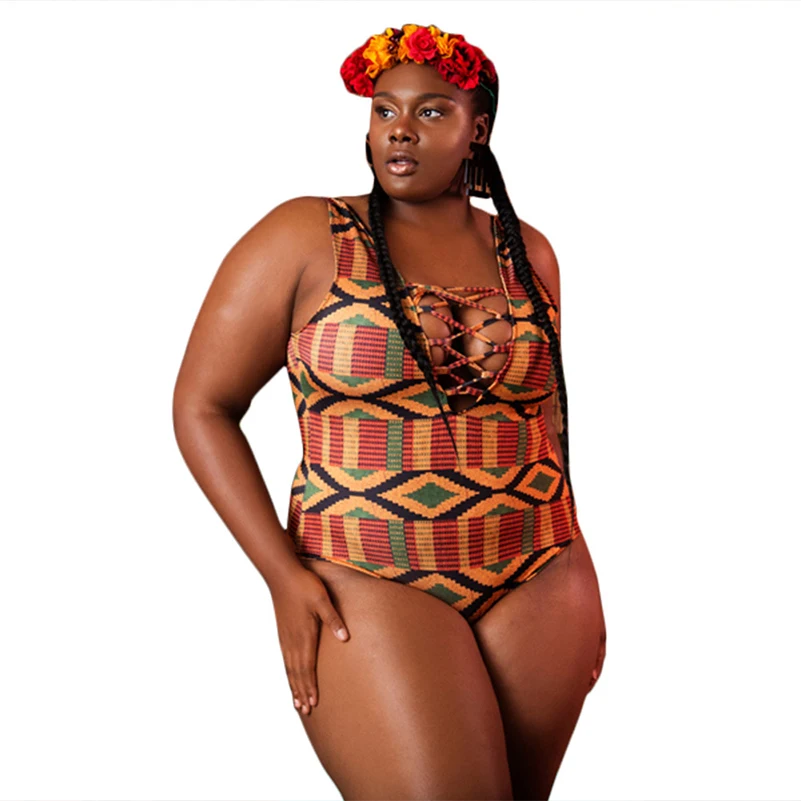 

Big Size Brazilian Retro Swimwear Women Sexy Bandage One piece Suit Bikini Female Beachwear Plaid Splicing Triangle Swimsuit 3XL