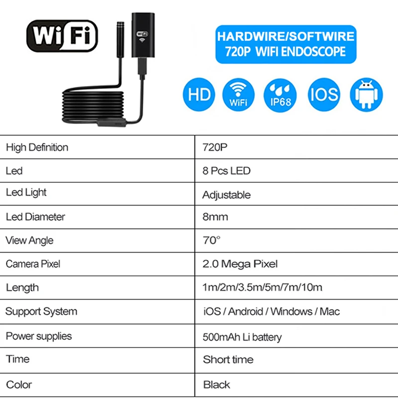 PROSTORMER эндоскоп с Wi-Fi и Камера 720P жесткое/Softwire бороскоп для iphone Android 1/2/3,5/5/7/10 M Водонепроницаемый inspecte Камера 5