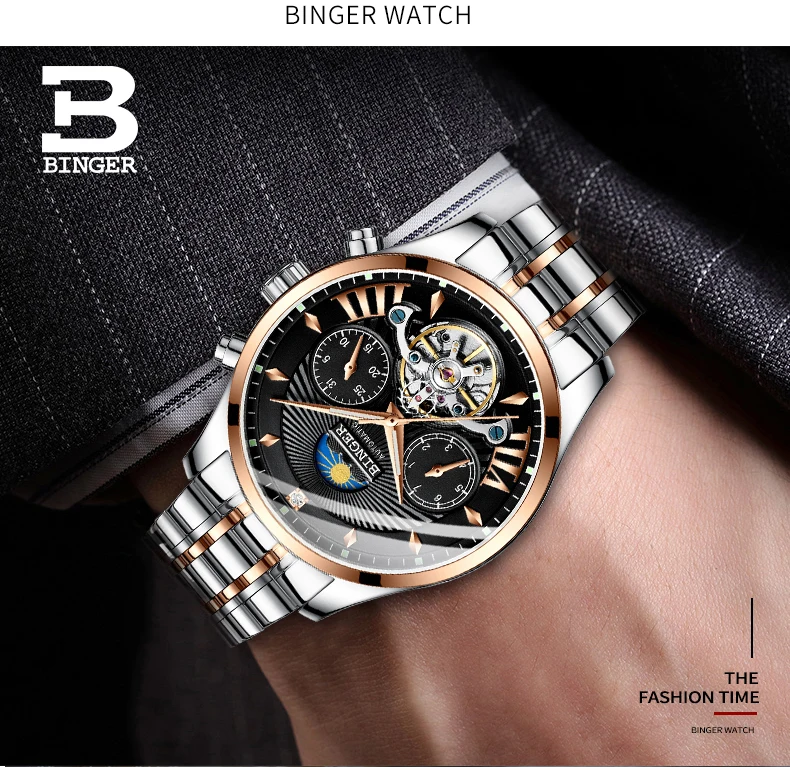Натуральная Роскошные Бингер бренд для мужчин часы автоматические механические водостойкие календари сталь мужской неделя фазы кожаны