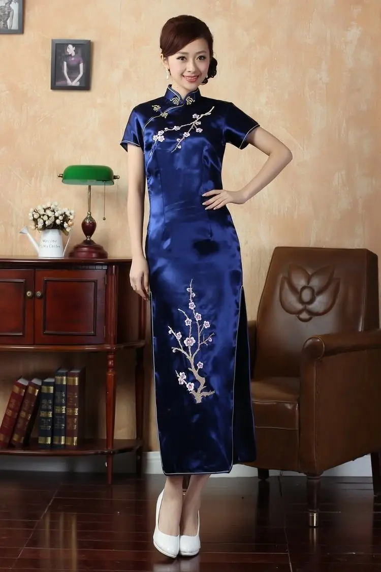 Модное платье в китайском традиционном стиле Cheongsam Женская Вышивка клубов вечернее китайское платье-Ципао S M L XL 2XL 3XL - Цвет: navyblue