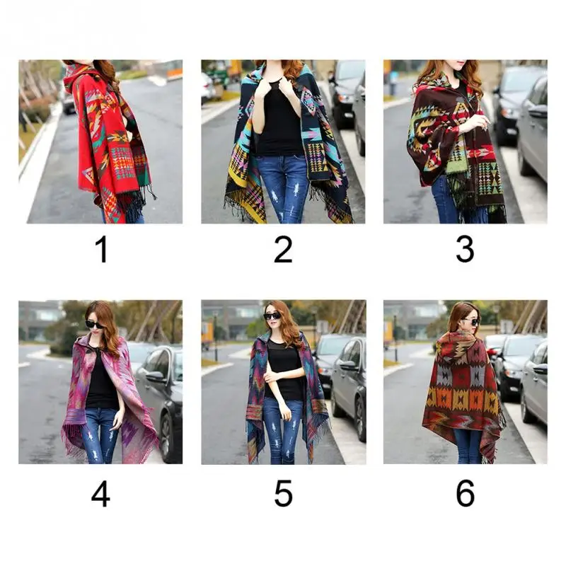 Женский стильный этнический плащ с капюшоном в богемном стиле, пончо, акриловая шерстяная шаль, шарф, модный свитер с капюшоном и бахромой для девочек,#30