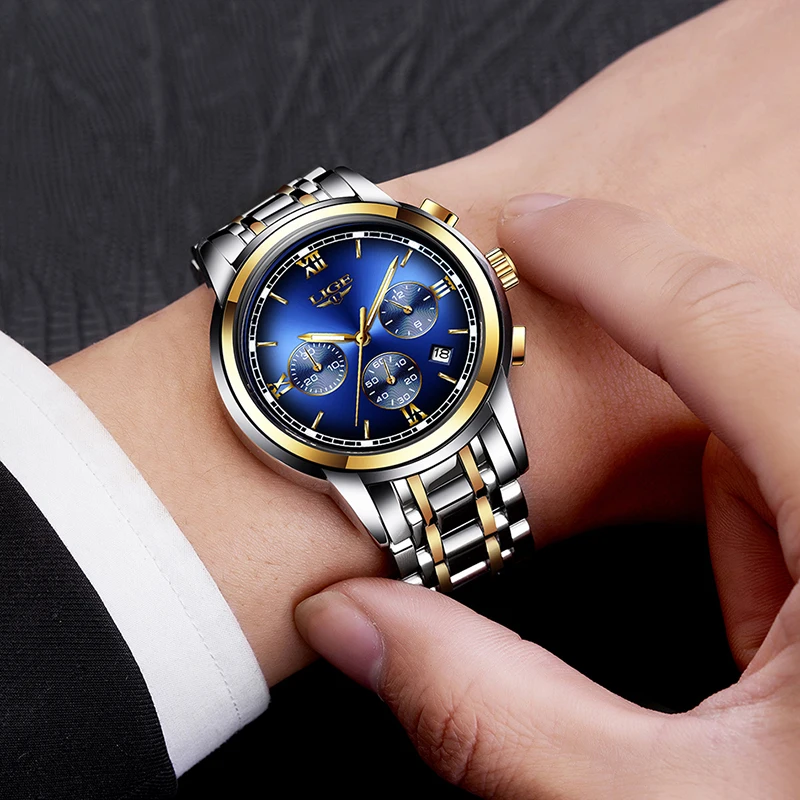

New Watch Men Luxury Brand LIGE Fshion Chronograph Men Sport Watch Waterproof All Steel Quartz Men Watches Relogio Masculino+Box