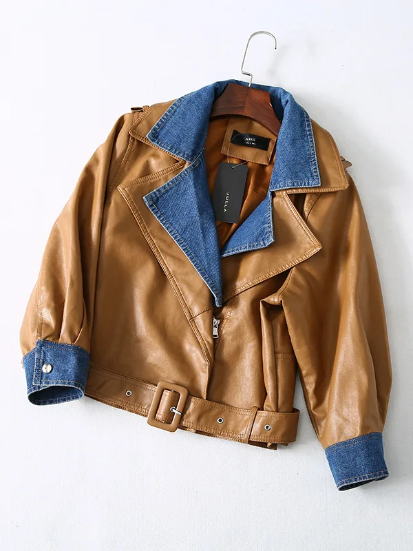 Finest  LMCAVASUN 2019 New Spring Lapel Long Sleeve Black Pu Leather Bandage Denim Stitch Loose Jacket Wome