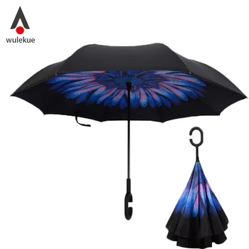 Drop Shipping Windproof Reverse Folding Double Layer Inverted Chuva Umbrella Self Stand Rain Protection C-Hook Hands For Car