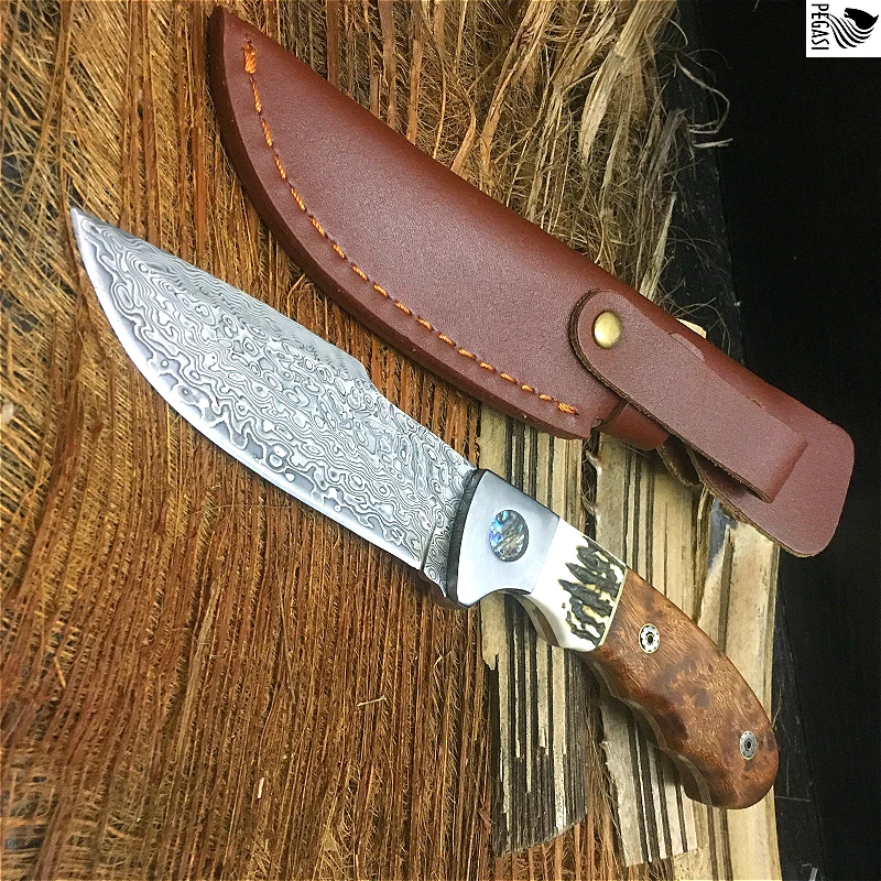 PEGSAI 60HRC высококачественный Рог + красная ручка для тени прямой нож дамасский