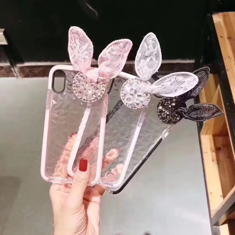 

For iPhone 6 7 8 plus X XS XR MAX for Samsung galaxy s8 s9 Cute diamond stand bracket lace rabbit ear soft 3D phone case cover
