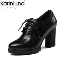 KarinLuna/ г., новые весенние черные женские туфли-лодочки из натуральной кожи на шнуровке модная открытая женская обувь с резным узором на платформе и высоком каблуке