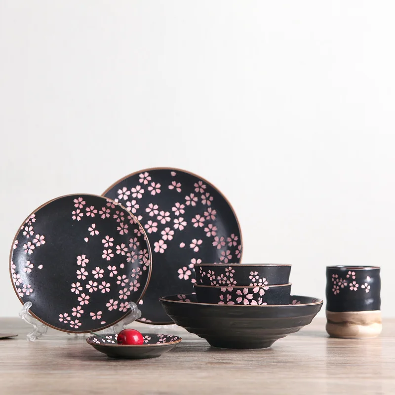sakura cherry blossom japanese ceramic black tableware rectangle squre
