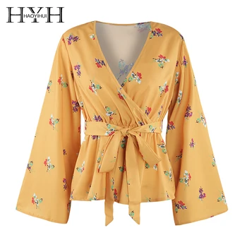

HYH HAOYIHUI Seaside Vacation Breeze Loose Small Fragments V Collar Tie High Waist Wrap-up Lady's Shirt