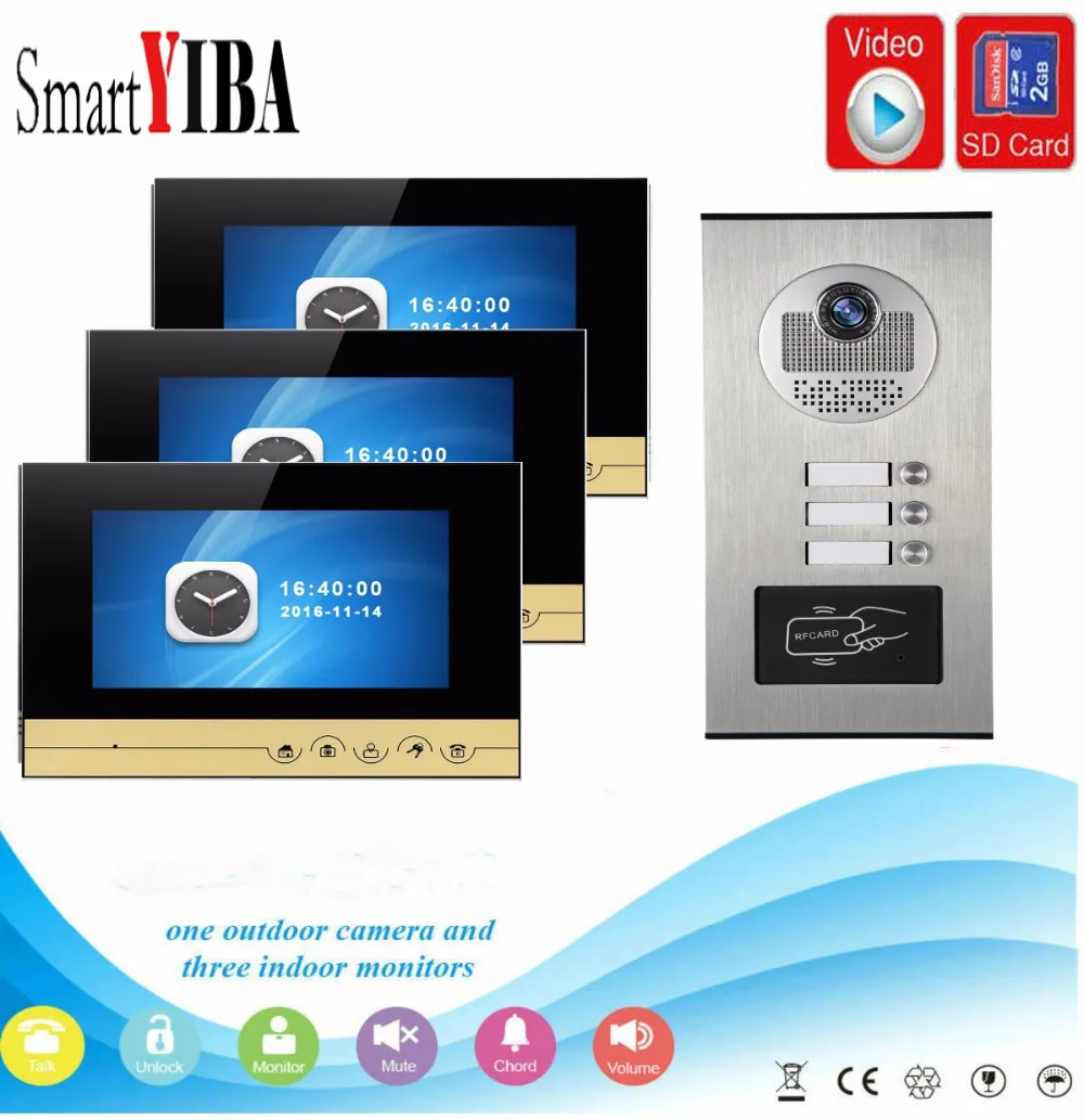 Smartyiba 7 "дюймовый монитор видео домофон дверной звонок RFID дверца Камера с SD карты видео Запись для 3 квартиры
