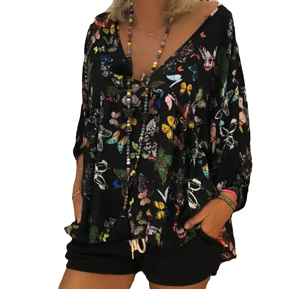 2018 Для женщин блузка Повседневное Осенняя мода Цветочный принт с v-образным вырезом с длинным рукавом blusen плюс Размеры S-5XL