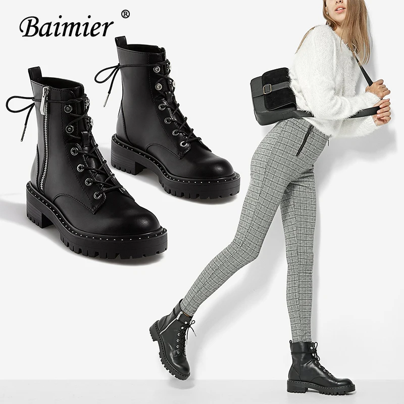 Черные женские ботинки Baimier из натуральной кожи ботильоны на шнуровке с