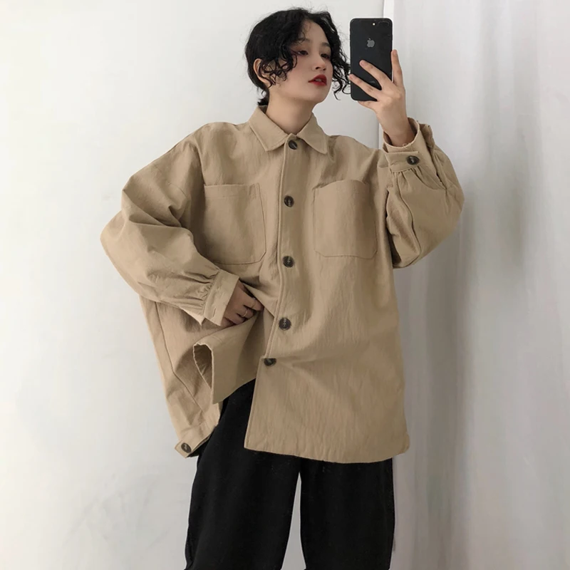 

Korean spring bf Women's Clothing vintage shirt solid loose harajuku Blouses turn-down collar long sleeve new women shirts chic