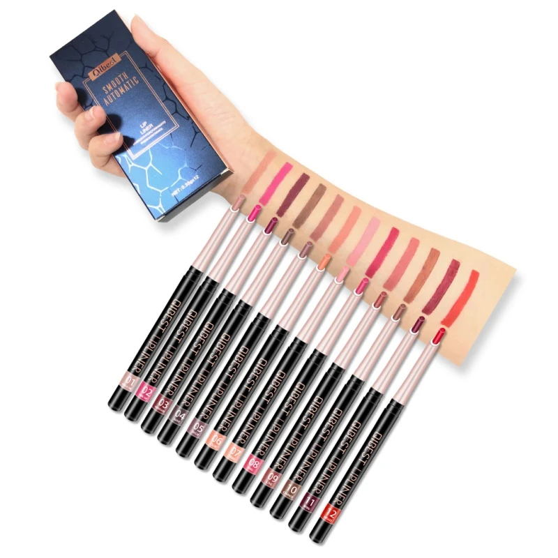 12PCS Lip Liner Set Long Lasting Waterproof Non-stick Cup Colorfast Automatic Rotation Lip Liner Lipstick Kit