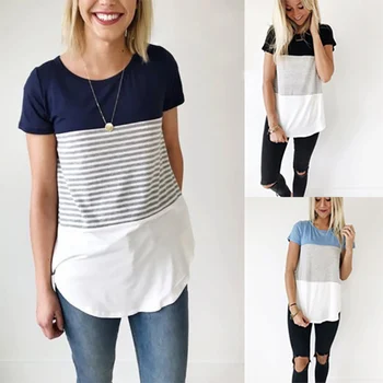 

4 Colors Summer Fashion Maternity T-shirt Loose Contrast Color Striped O-Neck Short Sleeve Shirt Blouse Clothes For Pregnant